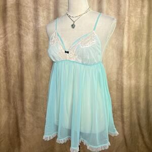 Victoria's Secret Blue Baby Doll Lingerie Top Sheer Mesh Floral Lace Romantic